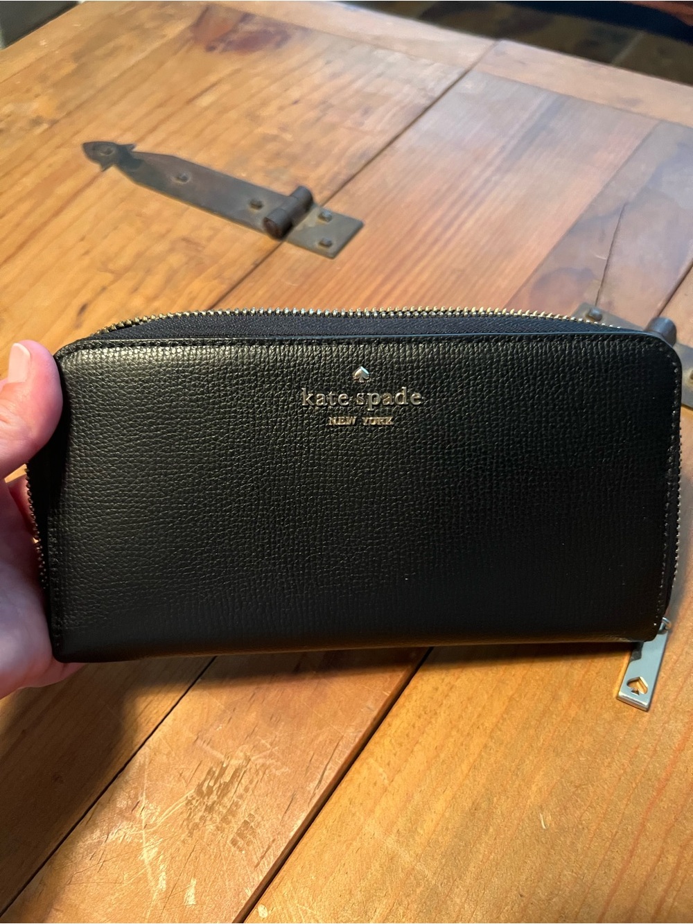 kate spade Black Pebbled Leather Zip Wallet with Gold Hardware